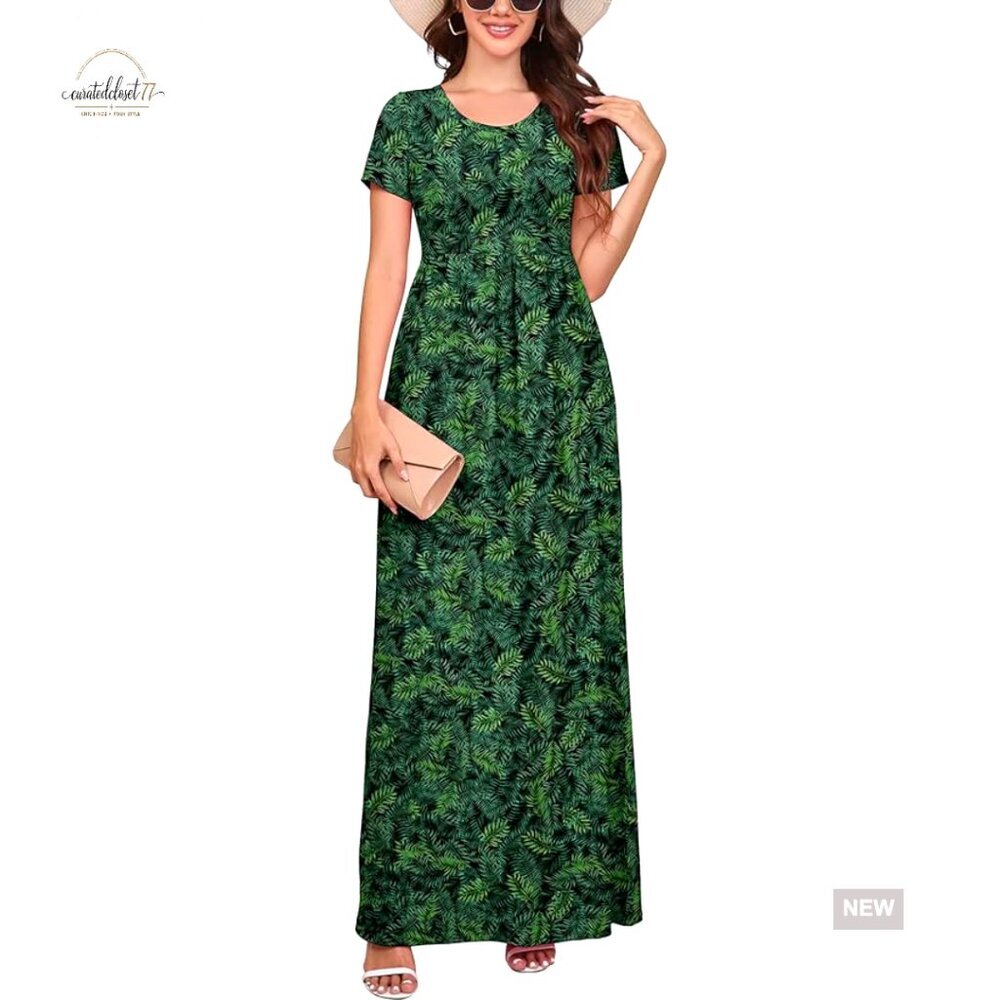 Short Sleeve Maxi Dress with Pockets Loose Fit Casual Summer Long Dress